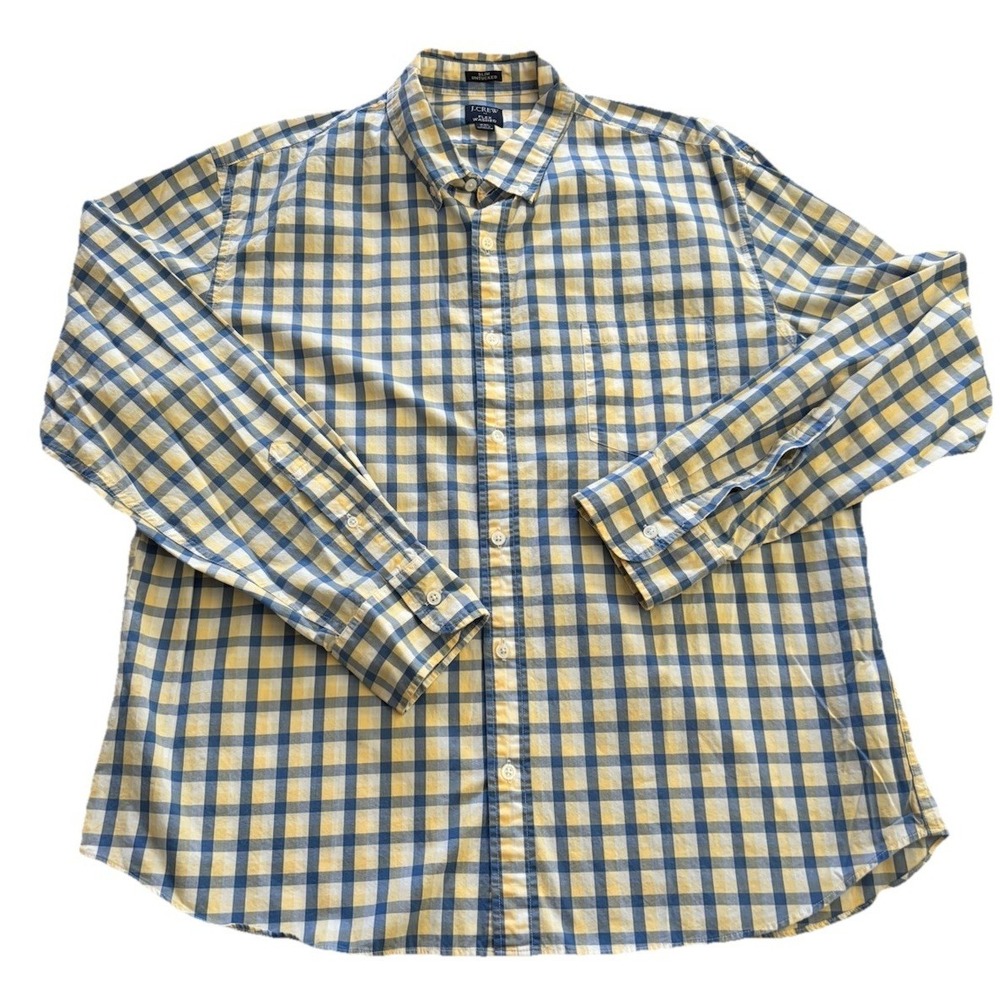 J Crew Flex Washed Slim Untucked Yellow Blue Plaid Button Up Shirt Men's Sz XXL